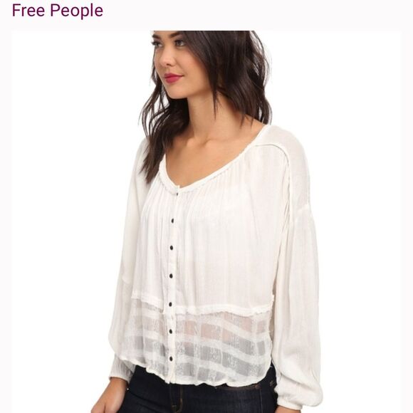 Free People Women's Rainy Days Crepe Blouse Size Small White Sheer Boho Peasant - Picture 1 of 8